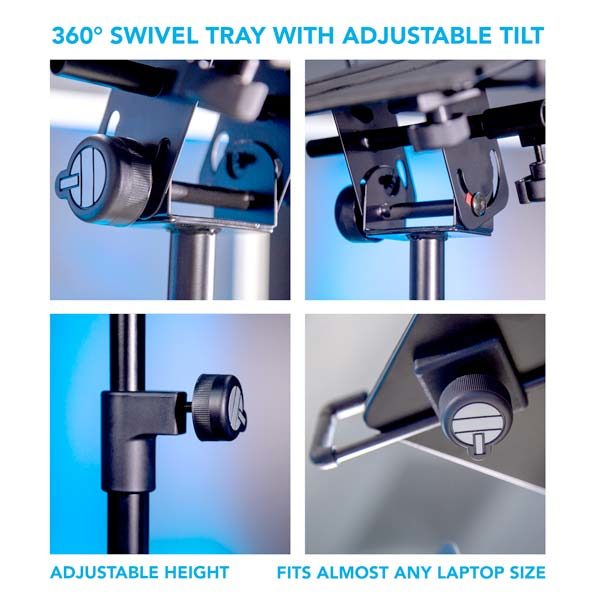 4 different detail views of laptop stand adjustments