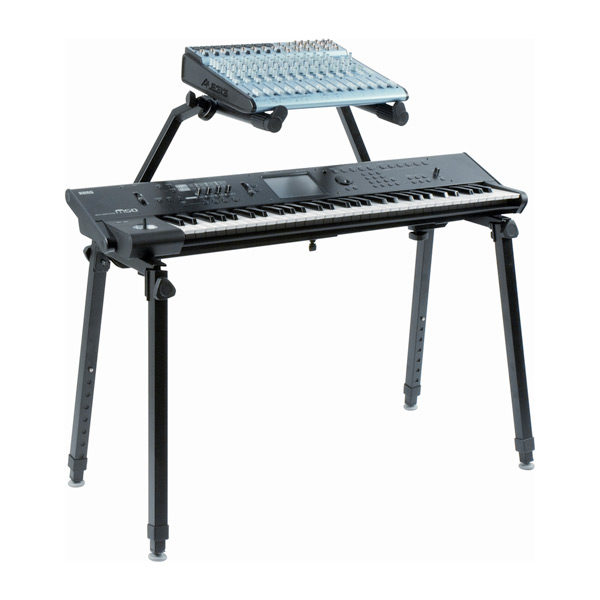 dual tier keyboard stand shown with keyboard and small mixer